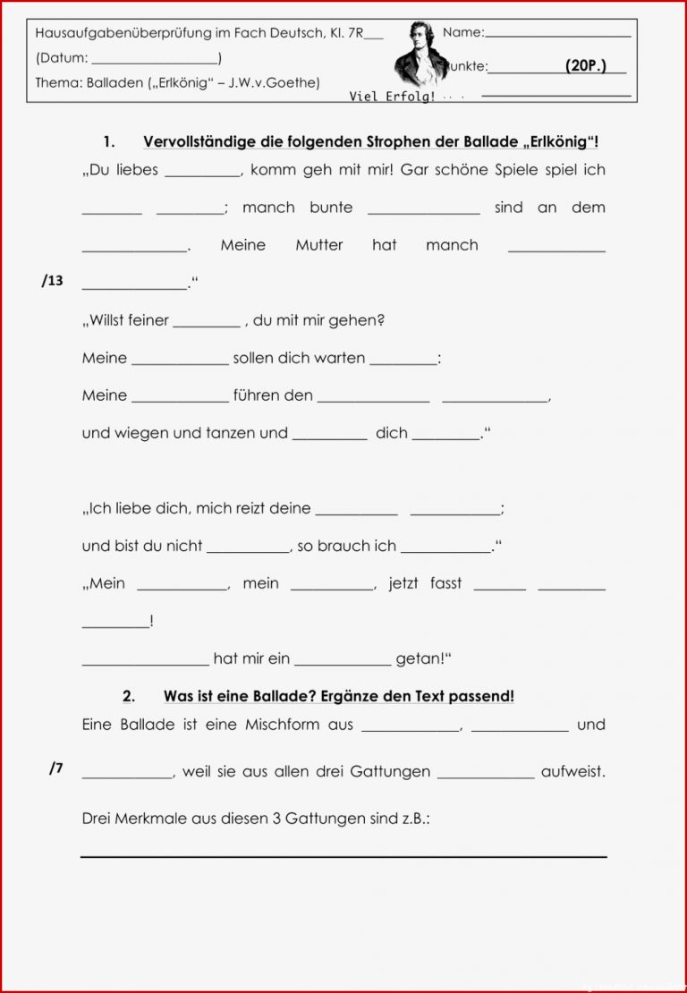 Klassenarbeit Balladen Klasse 7 Arbeitsblätter Worksheets