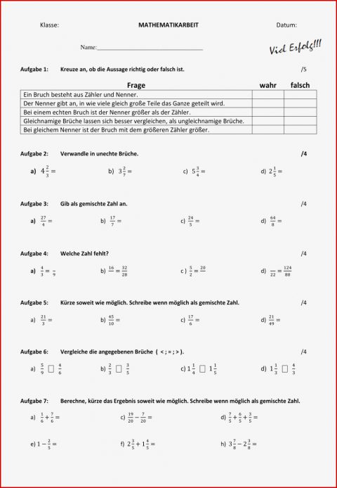Klassenarbeit Bruchrechnung Brüche Mathearbeit