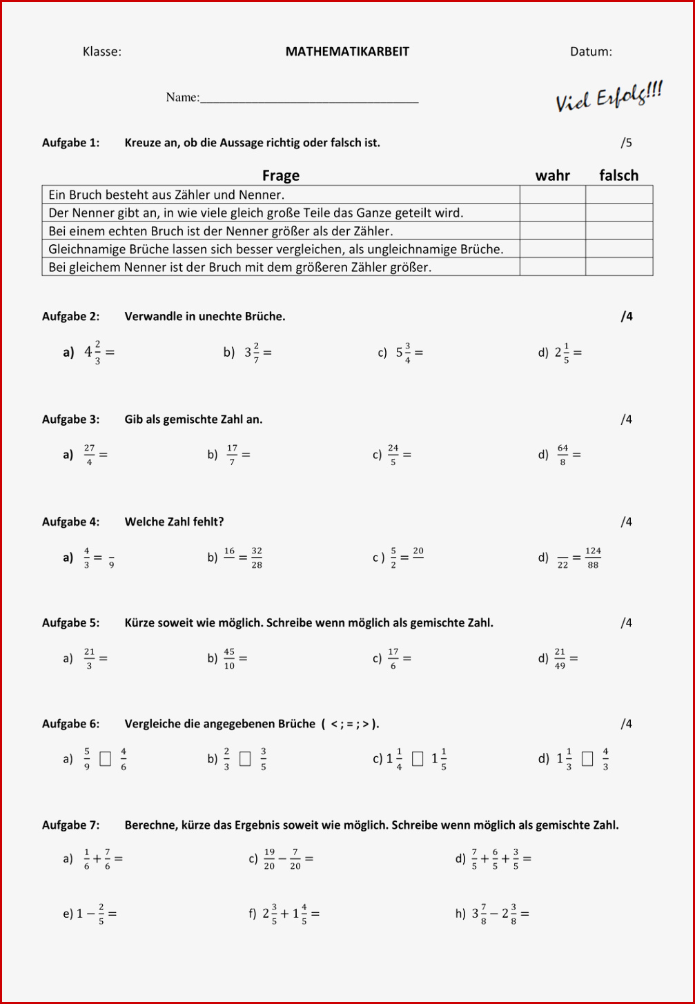 Klassenarbeit Bruchrechnung Brüche Mathearbeit