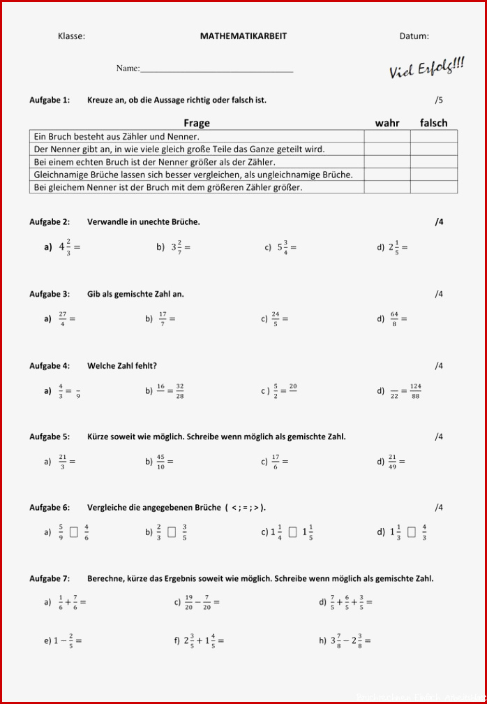 Klassenarbeit Bruchrechnung Brüche