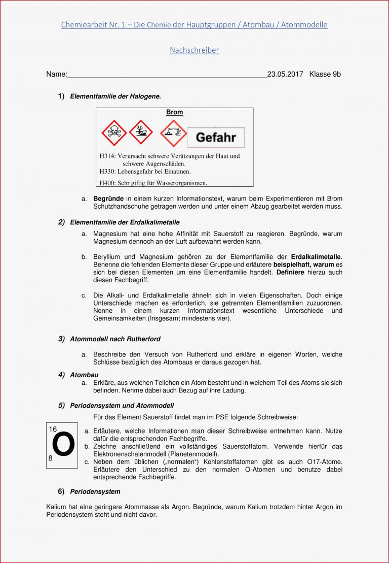 Klassenarbeit Chemie Klasse 9 Gymnasium Niedersachsen