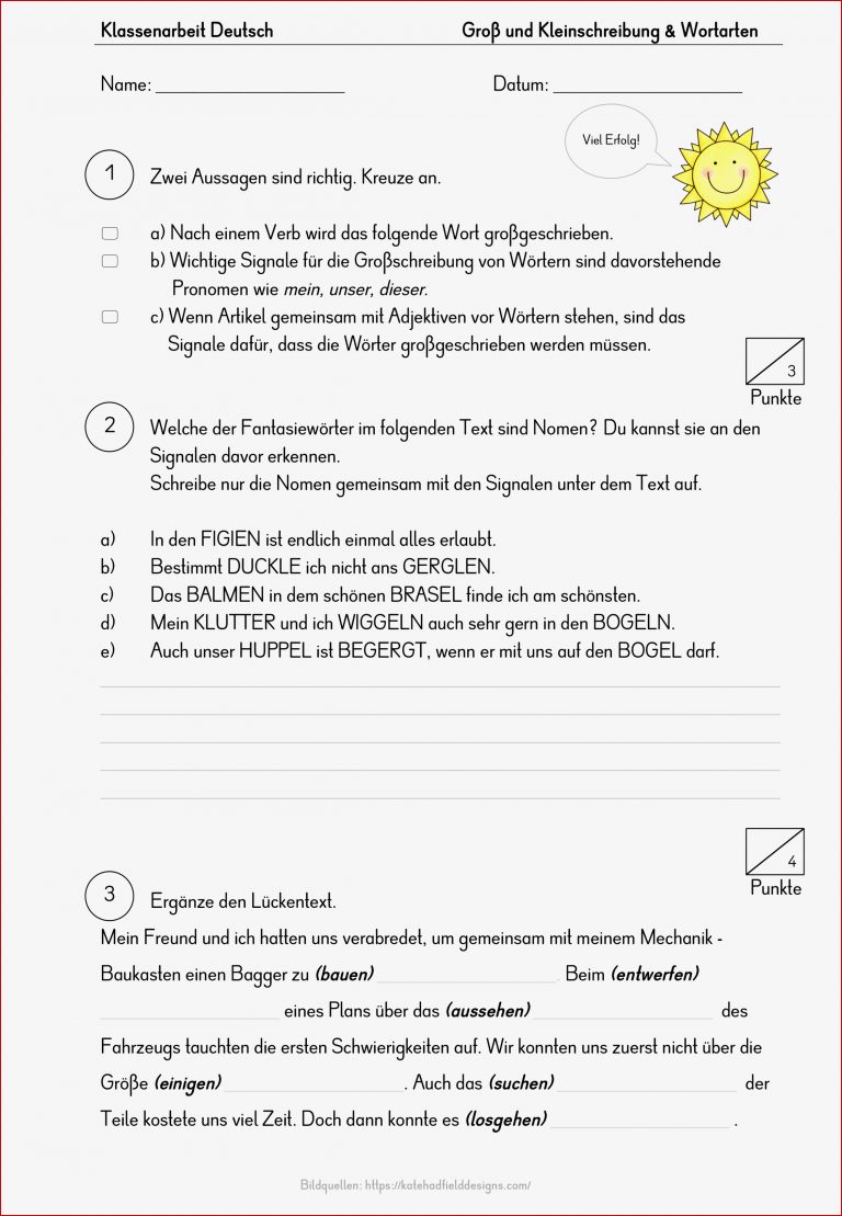 Klassenarbeit Deutsch 3 Klasse Arbeitsblätter Wortarten