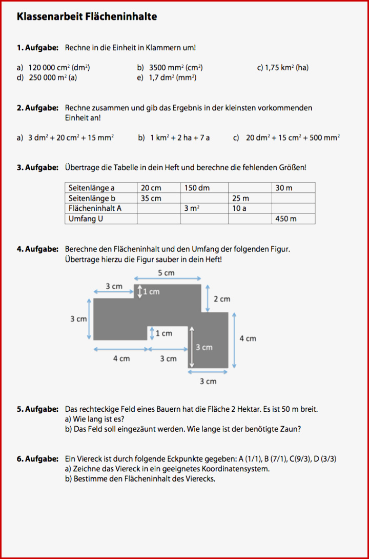 Klassenarbeit Flächeninhalt Berechnen