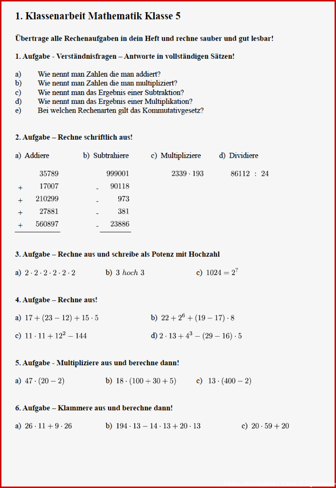 Klassenarbeit Klasse 5 Rechenregeln Ausklammern