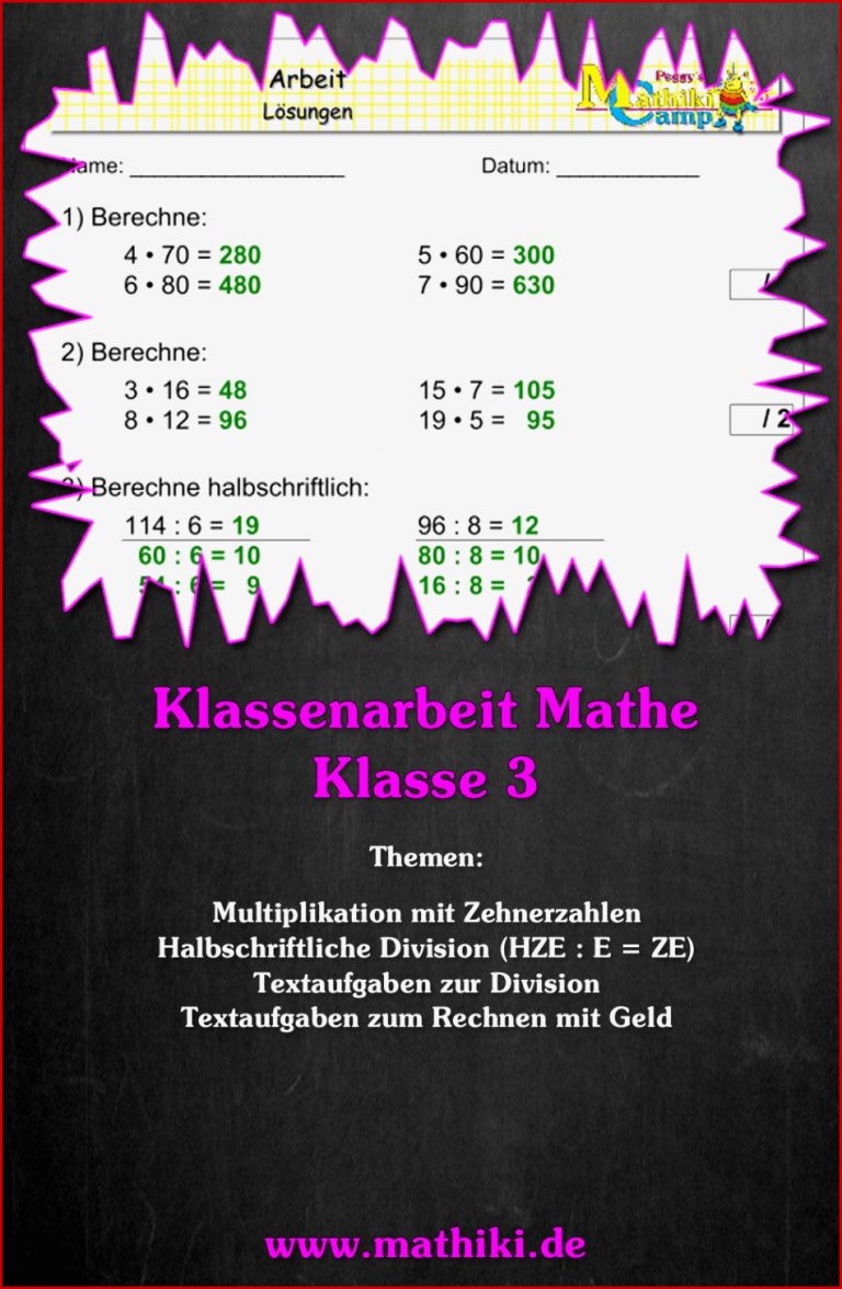 Klassenarbeit Mathe Klasse 3 des Mathiki line Camps zu