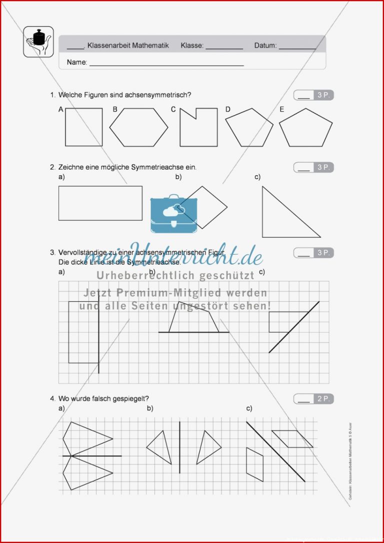 Klassenarbeit Oder Lernkontrolle Zur Achsensymmetrie