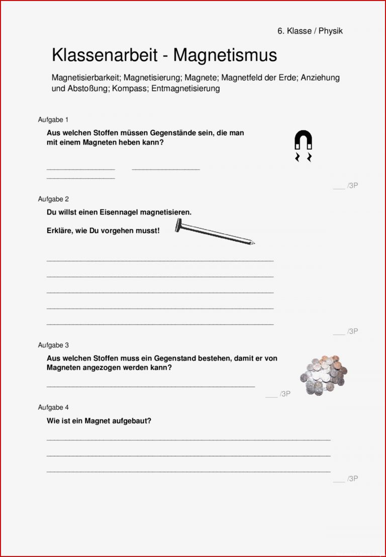 Klassenarbeit Physik mit Lösungen: Magnetismus - Docsity