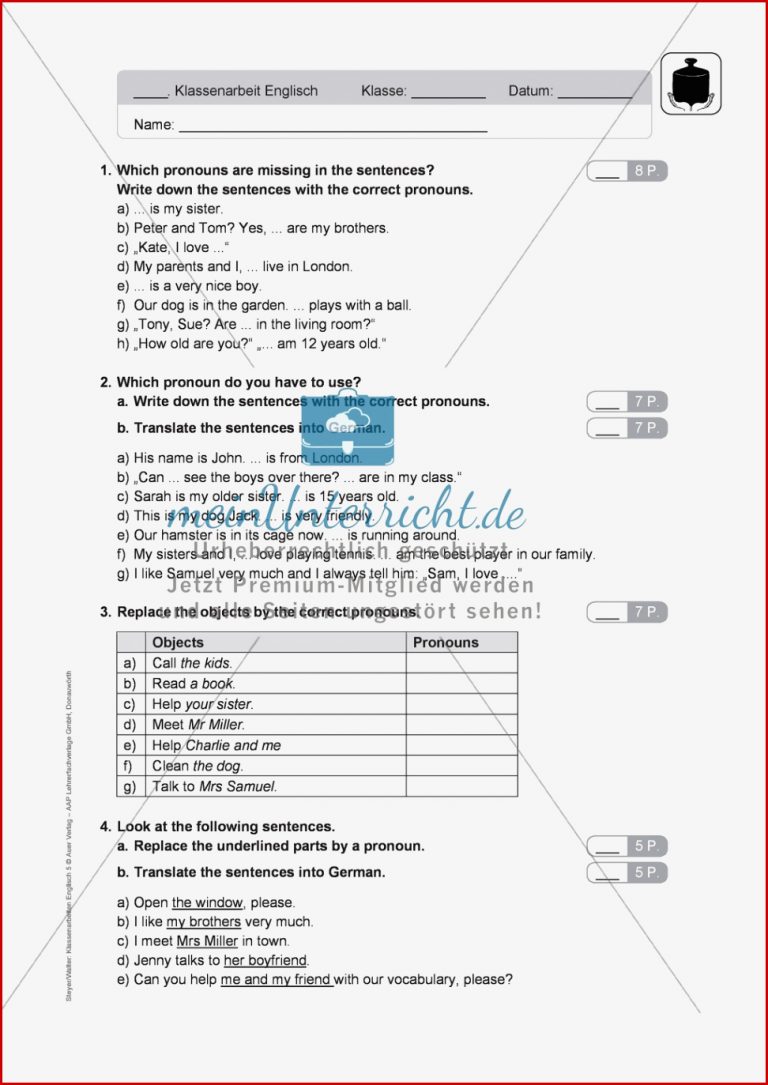 Klassenarbeit pronouns and question words schwer 1