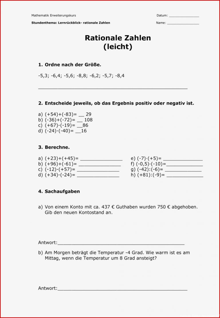 Klassenarbeit Rationale Zahlen Arbeitsblatt Mit Lösungen