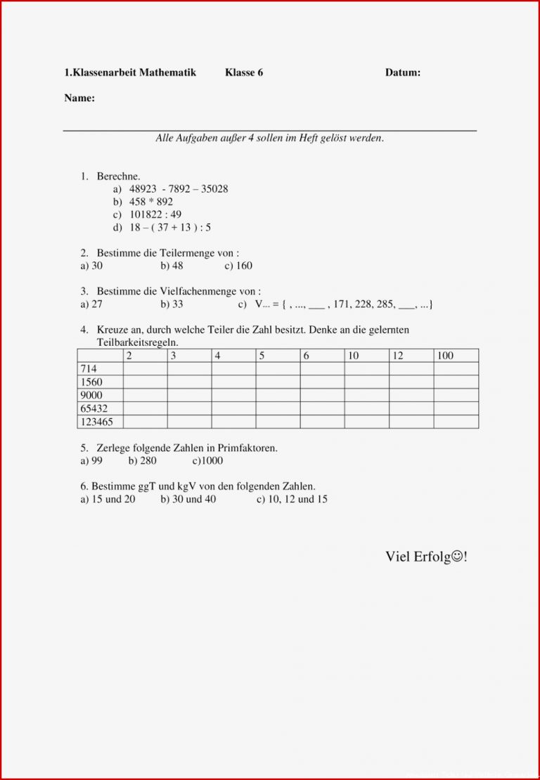 Klassenarbeit Vielfache Und Teiler – Unterrichtsmaterial