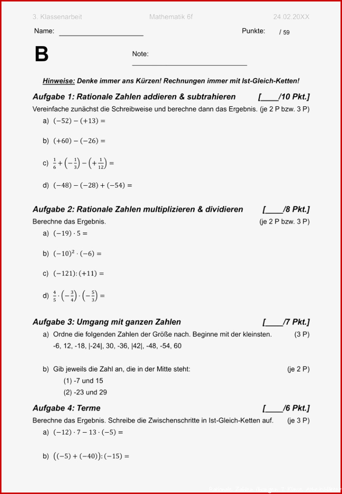 Klassenarbeit zu den Themen Rationale Zahlen ganze Zahlen