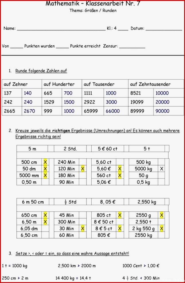 Klassenarbeit zu Größen und Maßeinheiten