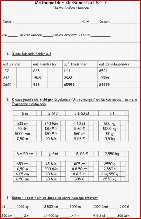 Klassenarbeit Zu Größen Und Maßeinheiten