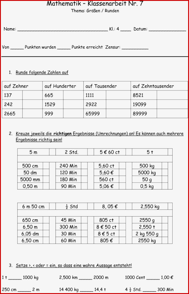 Klassenarbeit Zu Größen Und Maßeinheiten