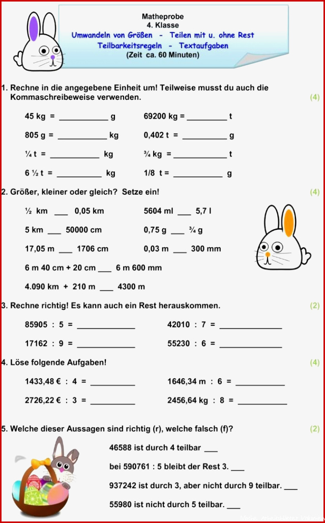 Klassenarbeit zu Größen und Maßeinheiten