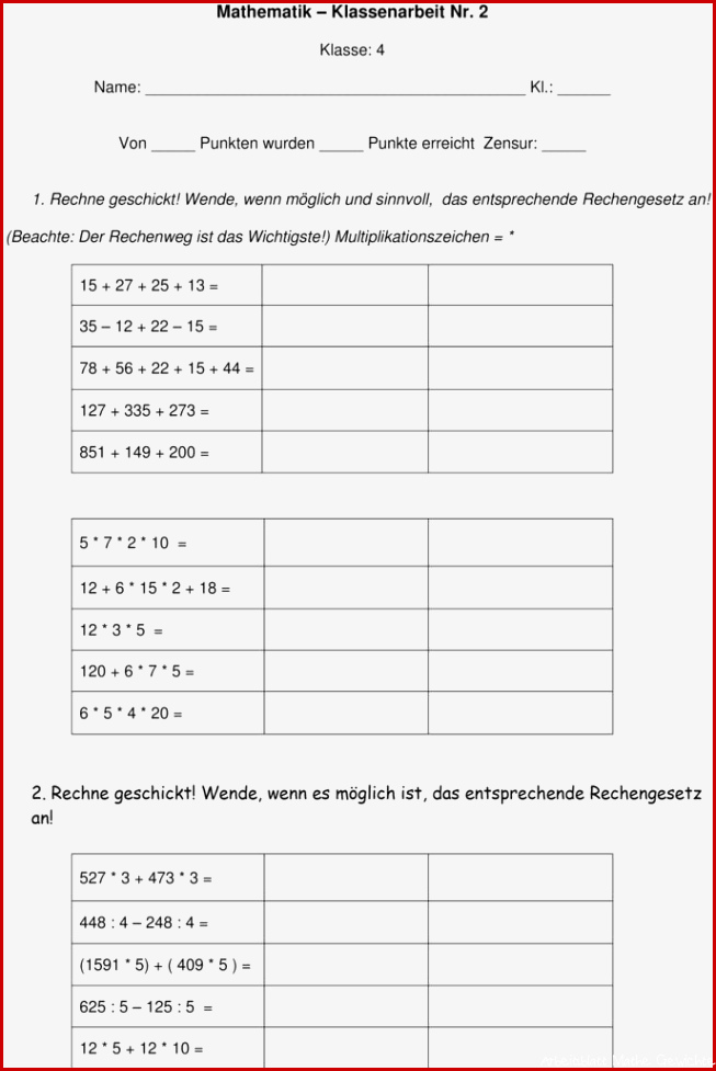 Klassenarbeit zu Rechenregeln