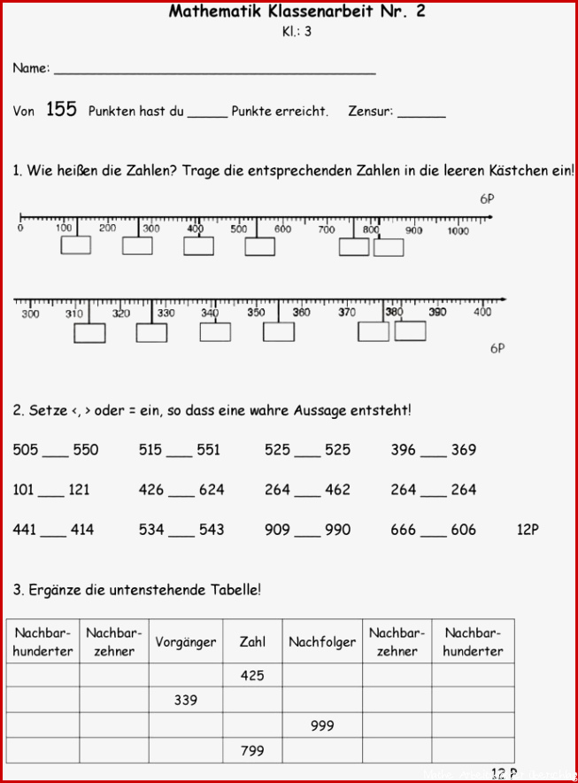 Klassenarbeit zu Zahlenraum bis 1000