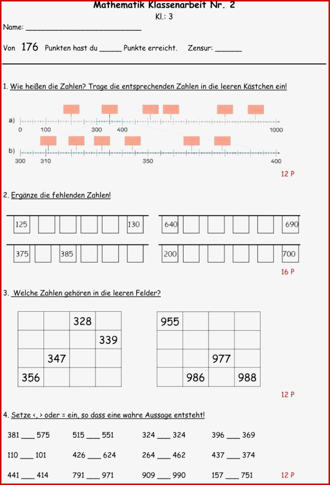 Klassenarbeit Zu Zahlenraum Bis 1000