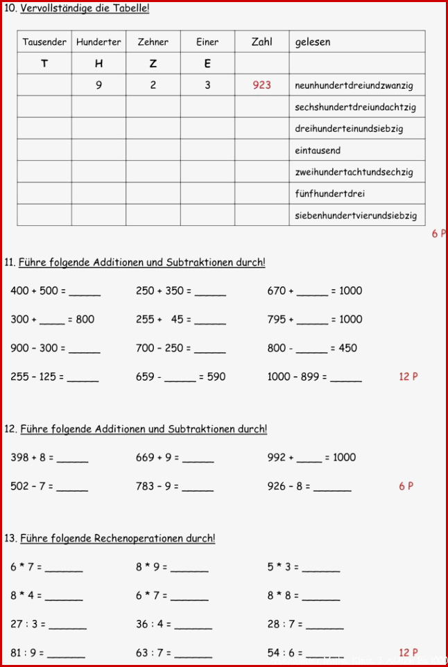 Klassenarbeit zu Zahlenraum bis 1000