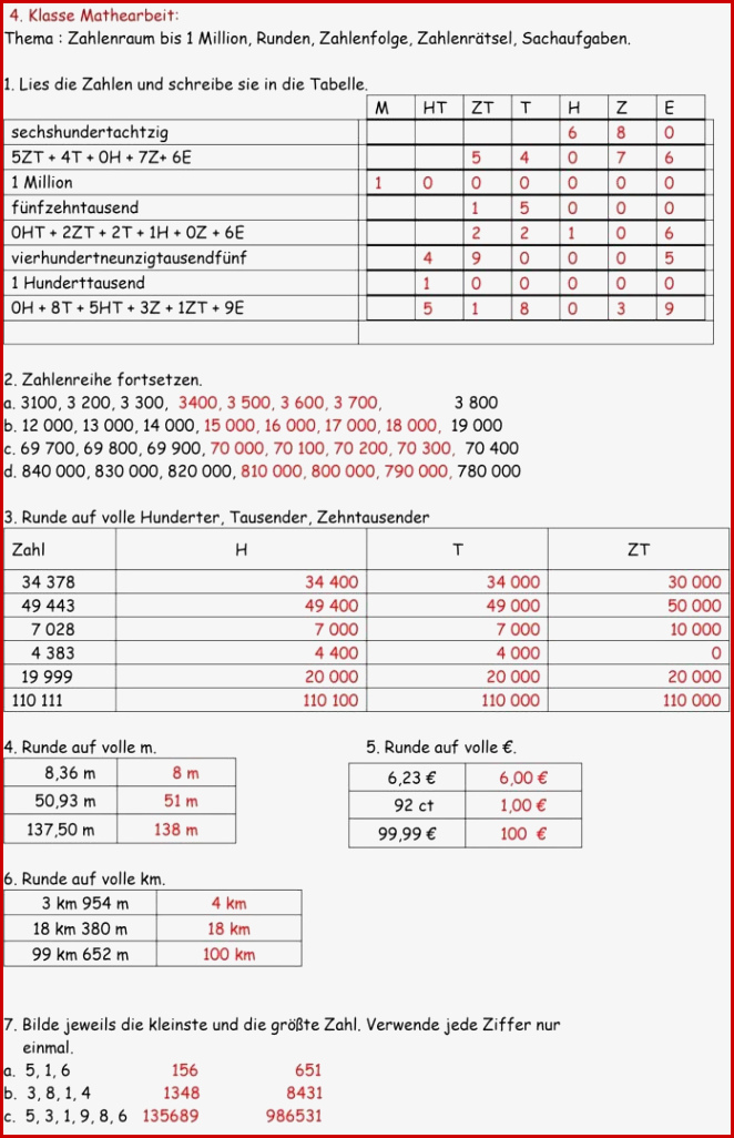 Klassenarbeit Zu Zahlenraum Bis