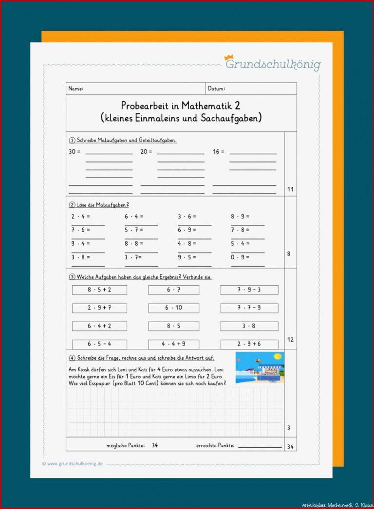 Klassenarbeiten Proben Mathe 2 Klasse