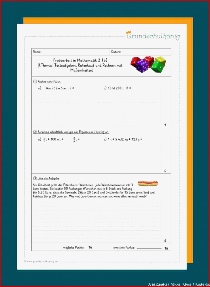 Klassenarbeiten Proben Mathe 4 Klasse mit Lernspiele