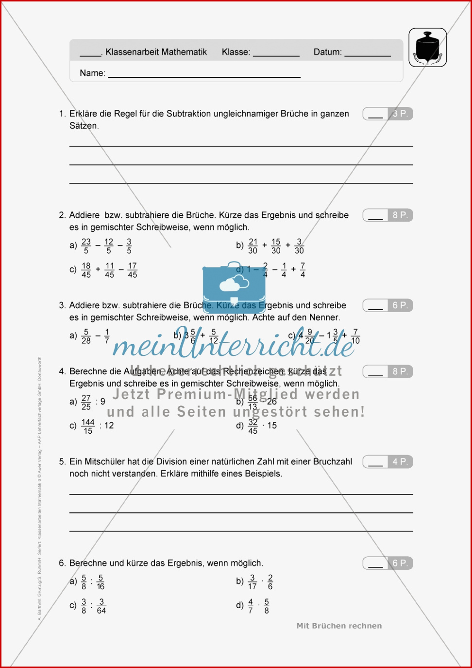 Klassenarbeiten Zum thema "mit Brüchen Rechnen" In Zwei