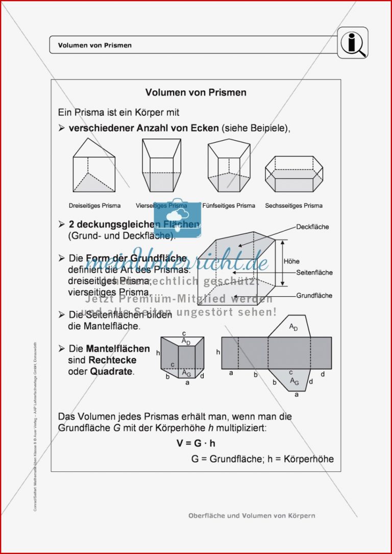 Körper Oberfläche und Volumen von Prismen Infotexte