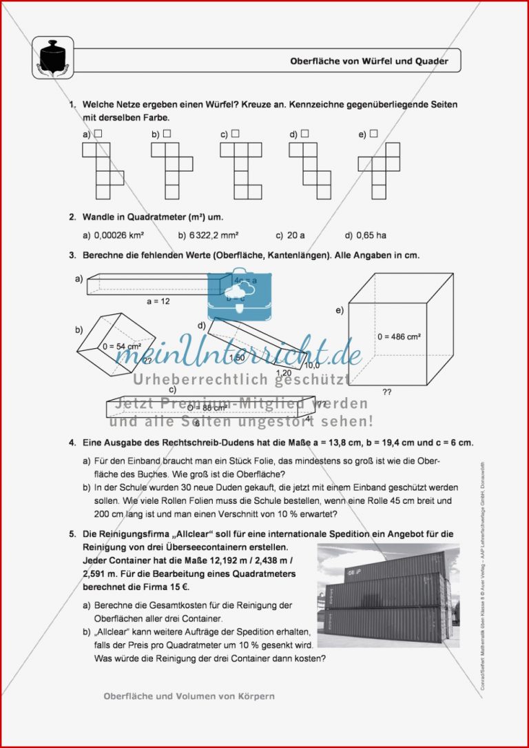 Körper Oberfläche und Volumen von Würfel und Quader