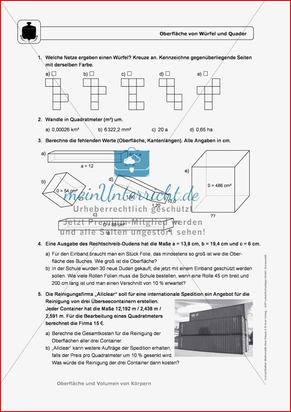 Körper Oberfläche Und Volumen Von Würfel Und Quader