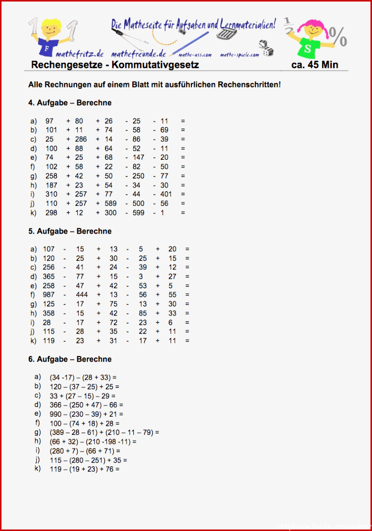 Kommutativgesetz Aufgaben Klasse 5 Matheaufgaben