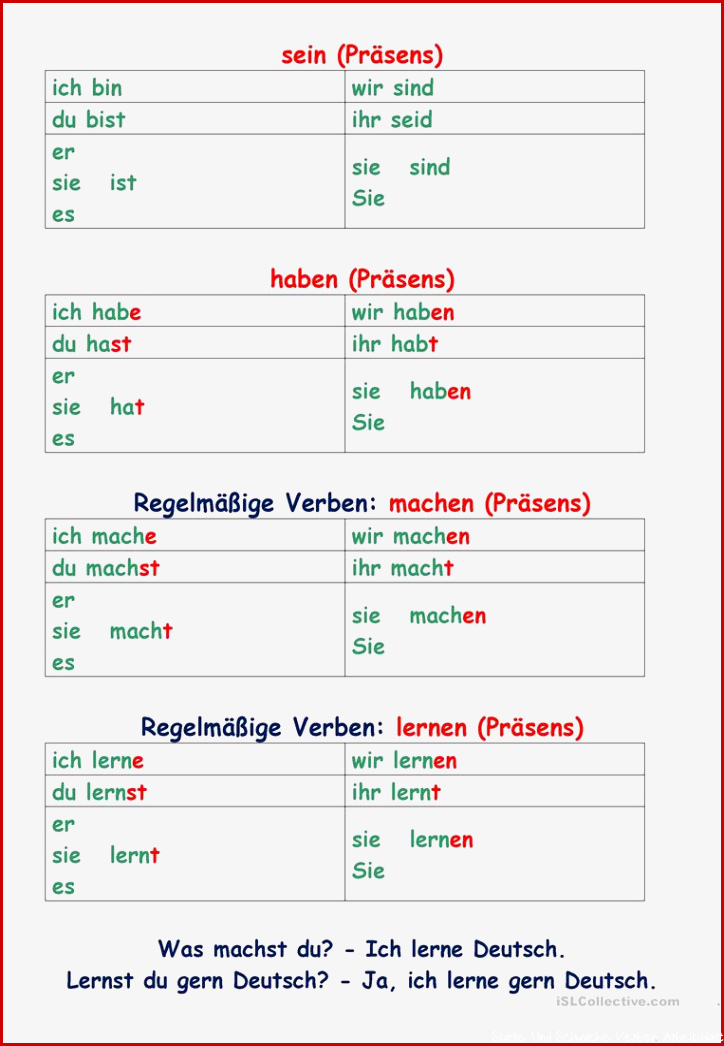 Konjugation der Verben im Präsens haben sein schwache