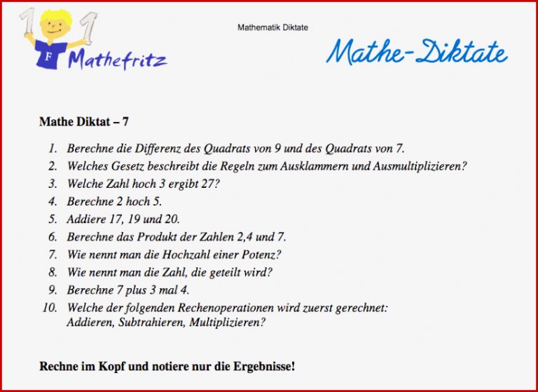 Kopfrechnen Mathematik Diktate Übung 10 Aufgaben rechnen