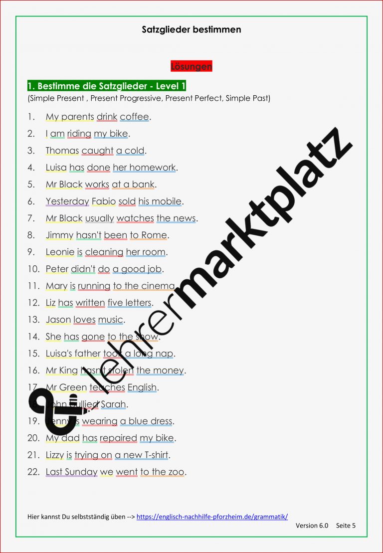Kostenlos Satzglieder Bestimmen Arbeitsblätter Mit