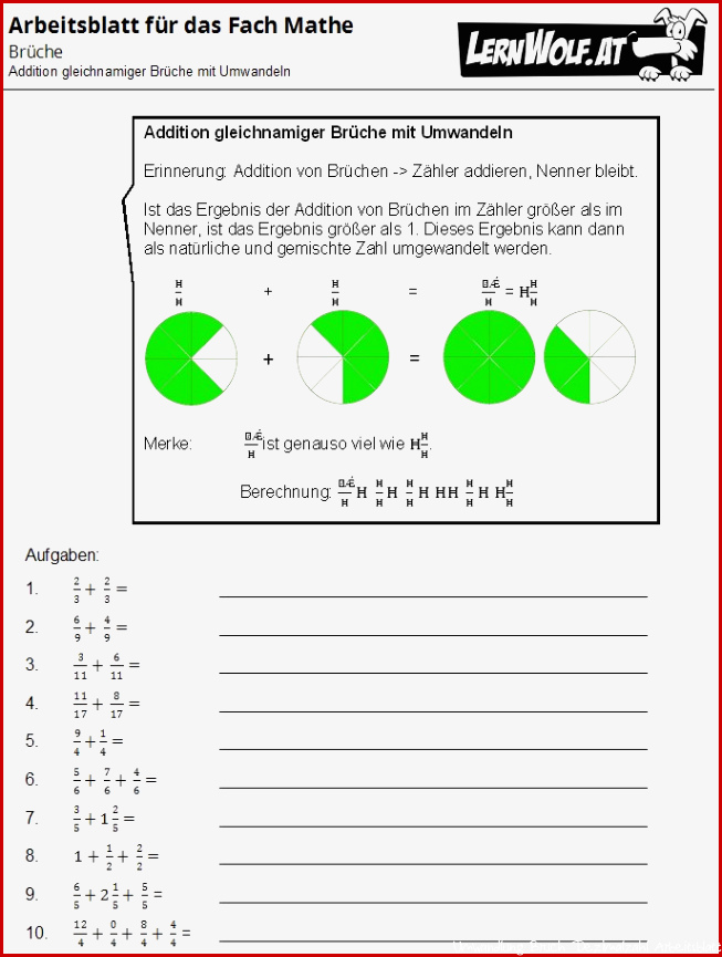 Kostenlose Arbeits- und Übungsblätter zum Thema Brüche - lernwolf.at
