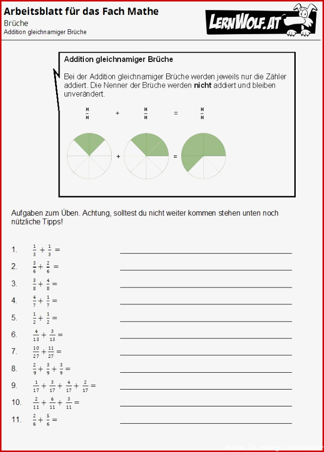 Kostenlose Arbeits- und Übungsblätter zum Thema Brüche - lernwolf.at