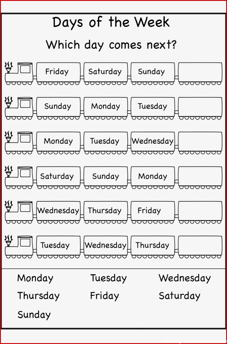 Kostenlose Arbeitsblätter für Wochentage