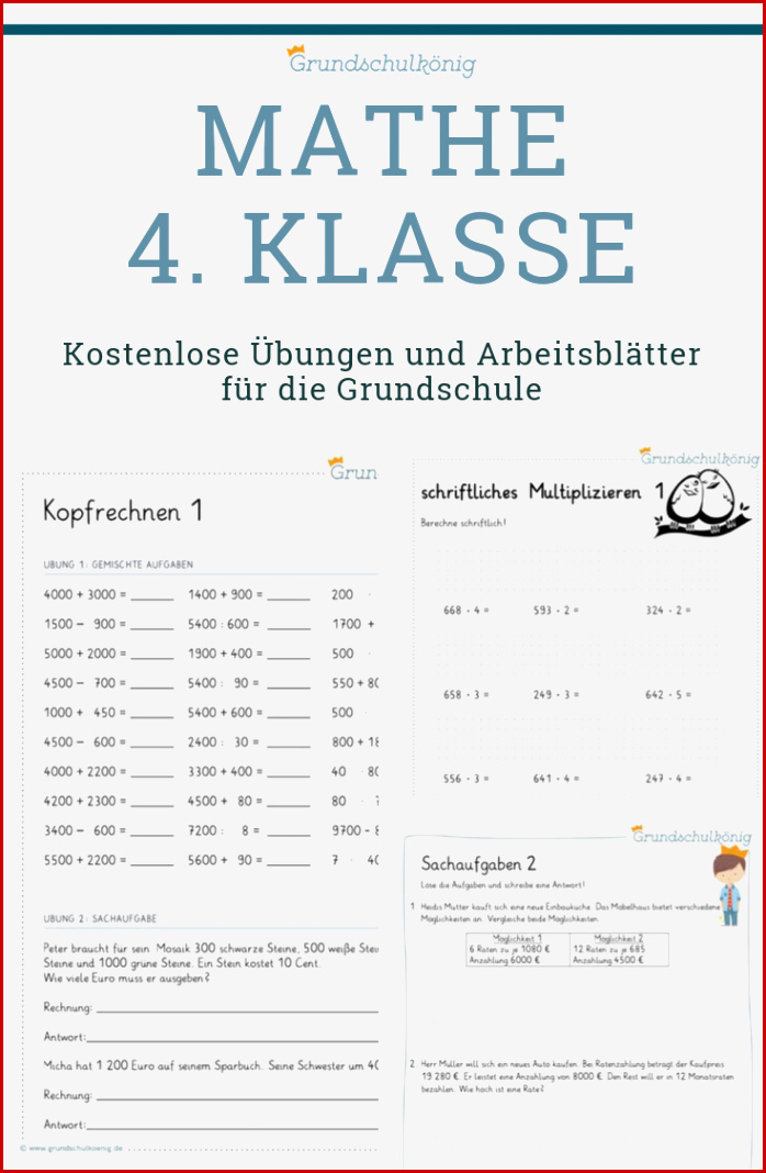 Kostenlose Arbeitsblätter Grundschulkönig Mathe Klasse 4