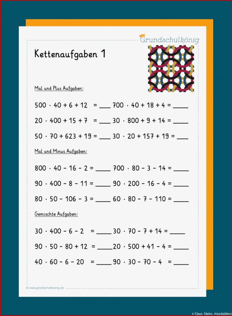 Kostenlose Arbeitsblätter mit Kettenaufgaben für Mathe in