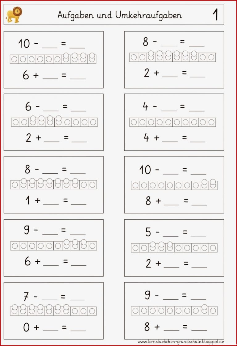 Kostenlose Arbeitsblätter Umkehraufgaben Klasse 1 Zum