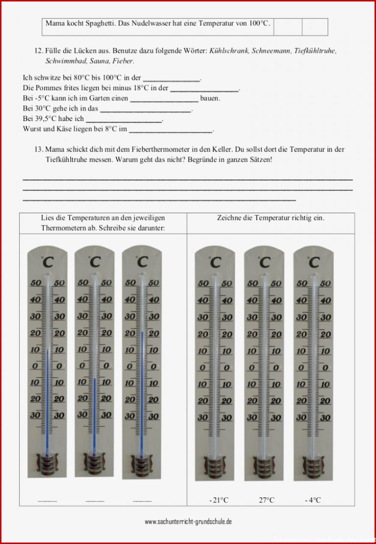 Kostenlose Arbeitsblätter zum Thema Thermometer