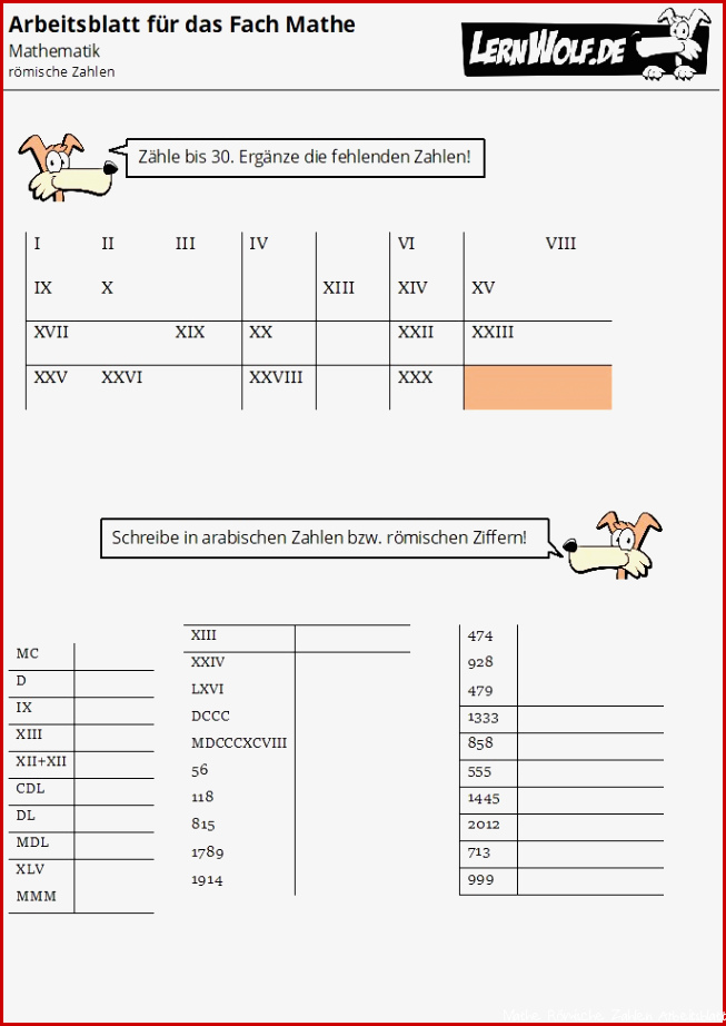 Kostenlose Übungsblätter zum Thema römische Zahlen