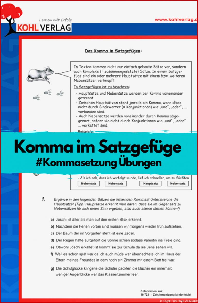 Kostenloser Download Arbeitsblätter zum Thema Kommasetzung Kohl Verlag
