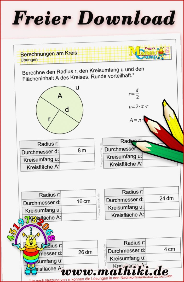 Kostenloses Arbeitsblatt Zum thema Berechnungen Am Kreis