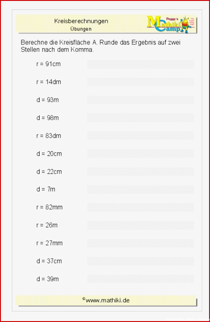 Kreisfläche Klasse 9 10 kostenloses Arbeitsblatt mit