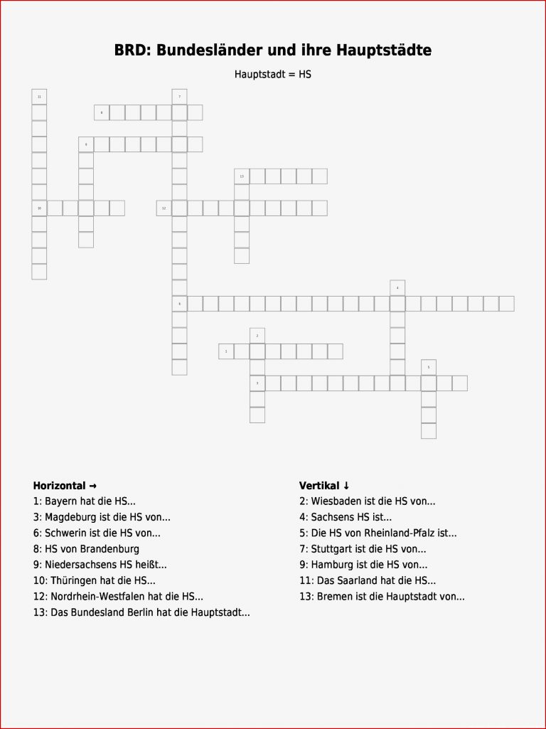Kreuzworträtsel "brd Bundesländer Und Ihre Hauptstädte