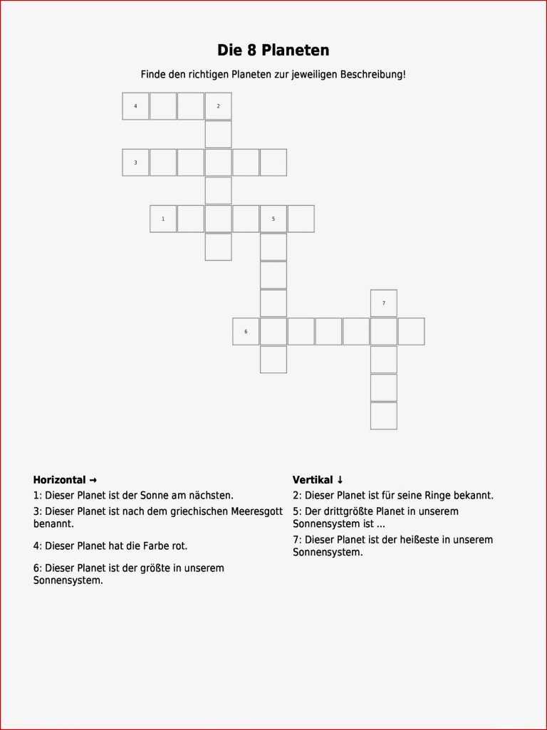 Kreuzworträtsel "die 8 Planeten " Als Pdf Arbeitsblatt