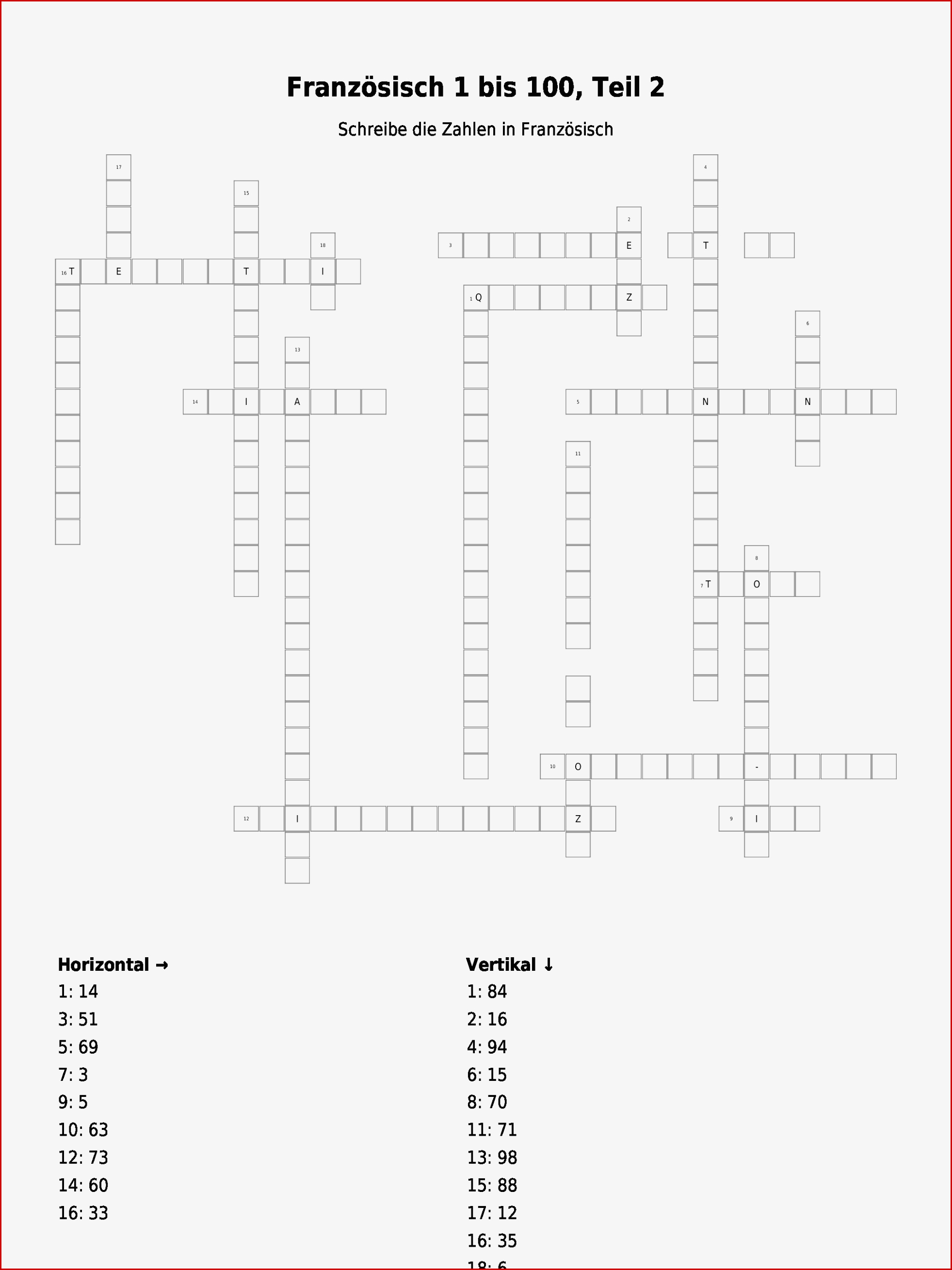 Kreuzworträtsel "französisch 1 Bis 100 Teil 2" Als Pdf