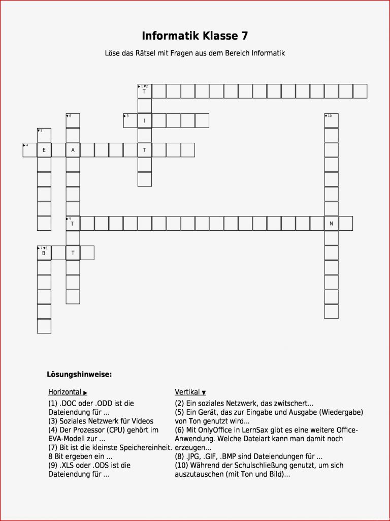 Kreuzworträtsel "informatik Klasse 7" Als Pdf