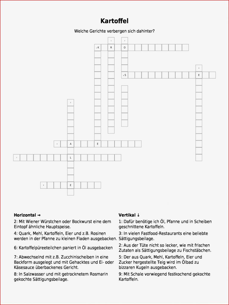 Kreuzworträtsel "kartoffel" Als Pdf Arbeitsblatt